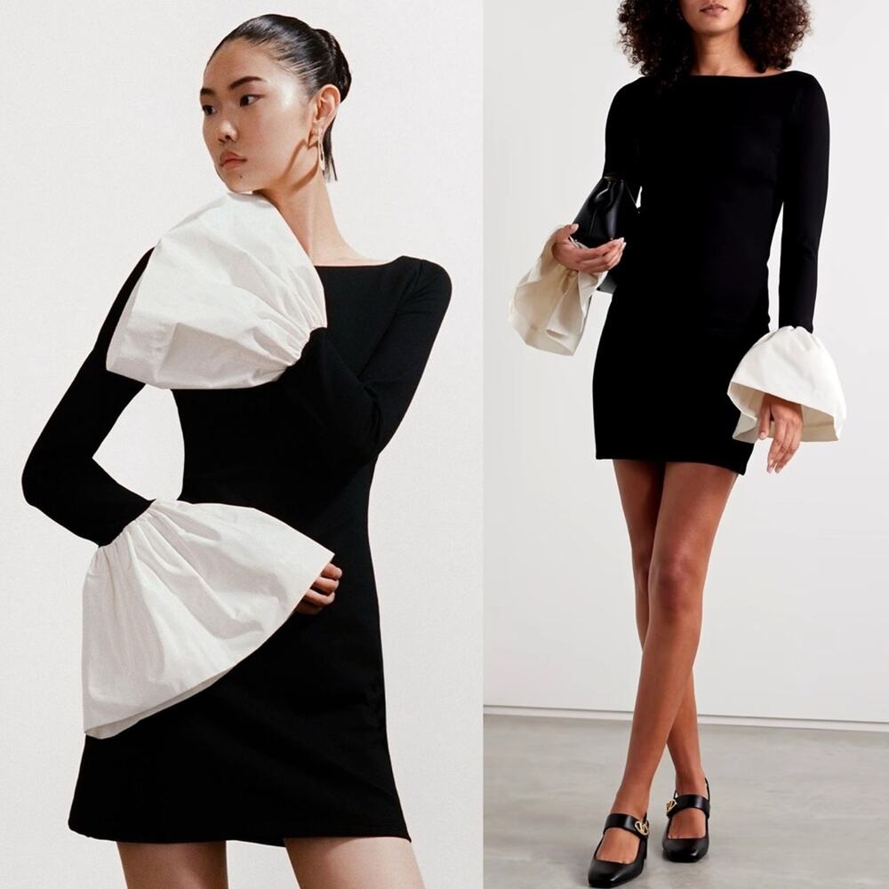 STAUD Black Long Sleeve Mini Dress with White Bell Cuffs - Picture 4 of 14